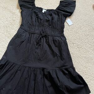 Time and Tru Black Smocked-Waist Flutter Sleeve Dress